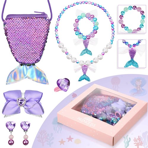 MTLEE 6 Pieces Mermaid Necklace Bracelet Set, Mermaid for Girls Including Fake Pearl Necklace Bracelet Purse Ring Bow Hair Clip Earrings Ring Pretend Play Christmas Mermaid Party Decorations