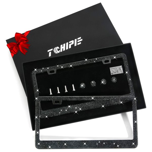 Tchipie 2 Pack Black Bling Rhinestone License Plate Frames for Women, Sparkly Diamond License Plate Frame, Bedazzled Crystal Car License Plate Cover, Glitter Tag Frame, Stainless Steel Frame(Black)