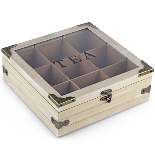 MOLIGOU Wood Tea Box Organizer, Tea Storage Chest with Glass Lid, 9 Compartments, Tea Bag Holder for Cabinet, Pantry