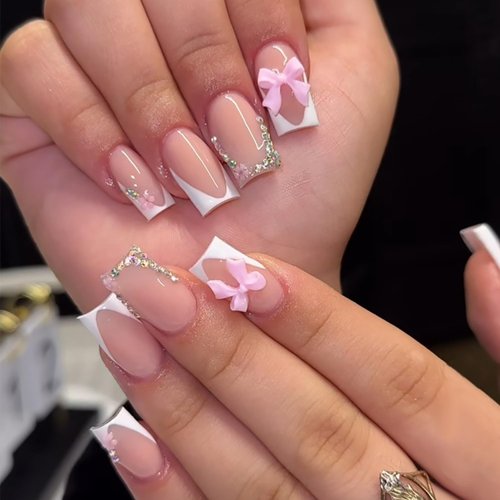 24 Pcs White French Tip Press on Nails Medium Coffin Shape Bow Fake Nails with Design Rhinestones Glue on Nails French Nail Tips False Nails Supplies Full Cover Glossy Acrylic Nails for Women Nail Art