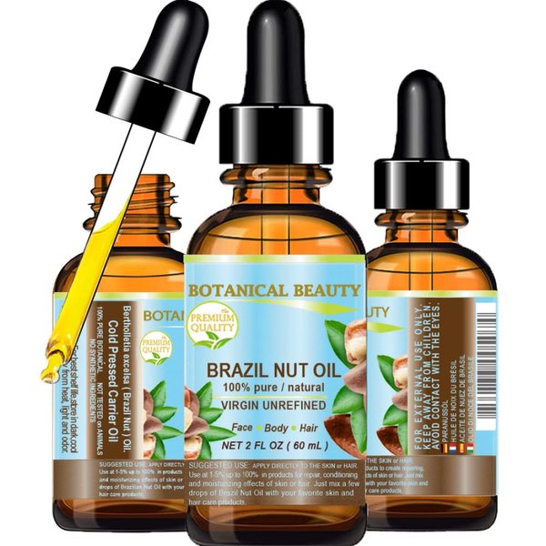 Botanical Beauty BRAZIL NUT OIL Bertholletia Excelsa WILD GROWTH RAW Brazilian 100% Pure Natural Virgin Unrefined 2 Fl.oz.- 60 ml for FACE, SKIN, BODY, HAIR, NAILS, FOOT CARE