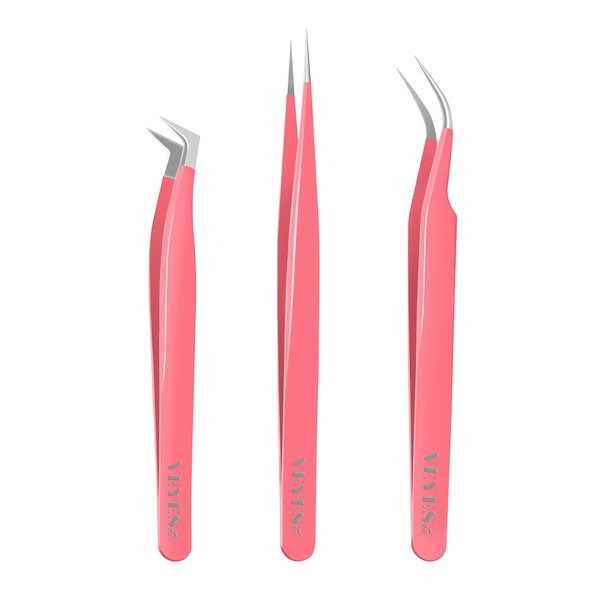 VEYES INC Lash Tweezers for Eyelash Extensions. Fiber Tip Tweezers Kit Contains Isolation,Curved and Volume Lash Tweezers (3pcs) Pink