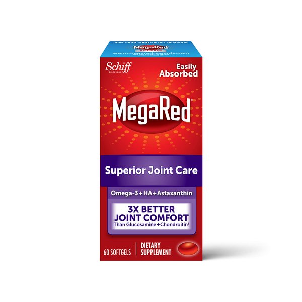 MegaRed Omega-3 Krill Oil and Joint Supplement Joint Care 60 softgels - EPA/DHA Fatty acids, Antioxidants, Hyaluronic Acid, No Fishy Burp Aftertaste as with Fish Oil