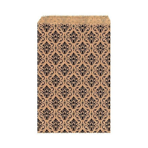 100 pcs 4" x 6" Damask Paper Gift Bags Shopping Sales Tote Bags Brown with Black Damask Design