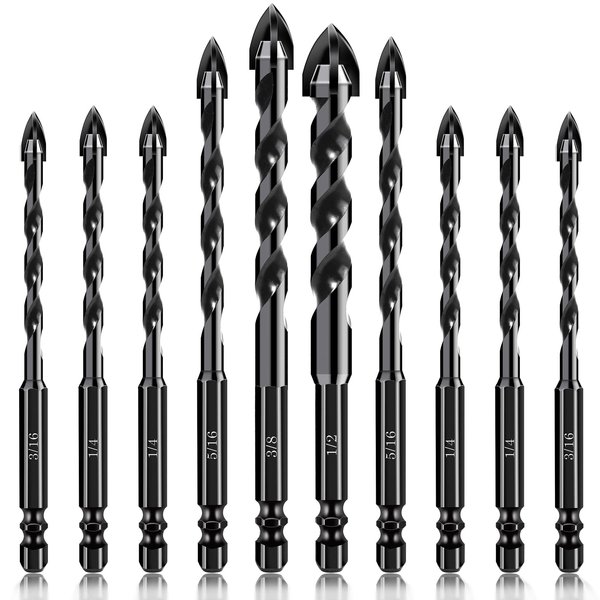 HPHOPE 10Pcs Masonry Drill Bits Set - Concrete Drill Bit Set for Tile, Brick, Glass, Plastic and Wood, Tungsten Carbide Tip Work with Ceramic Tile, Wall Mirror, Paver on Concrete or Brick Wall