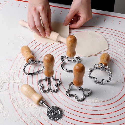 Ravioli Cutter Stamp Mold Set, 7 pcs, 4 inch, with cutter and wooden rolling pin (festival style)