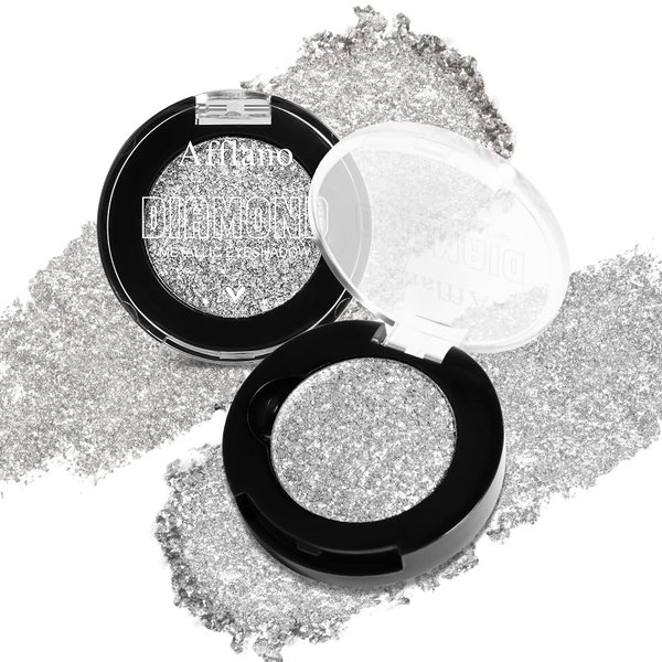 Silver Glitter Eyeshadow, Highly Pigmented Diamond Pressed Powder Eye Shadow, Sparkle Makeup & Highlight, Long-Lasting Mineral Metallic Cosmetics for Face/Nails/Hair, Metal Finish(1H Pearly Bling)