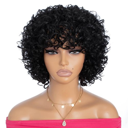 Rebecca Fashion Short Curly Wigs with Bangs Human Hair 8" Curly Wigs for Black Women Brazilian Virgin 150% Density None Lace Front Glueless Wigs 1B Color