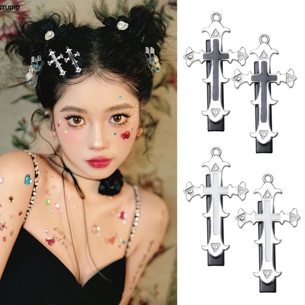 Cross Goth Hair Clips Accessories Barrettes Retro Gator Hair Clips Pins Halloween Hair Decorations for Women Girls 4PCS Y2k Alligator Hair Clips Barrette Gothic Cross Side Hair Clip Pin