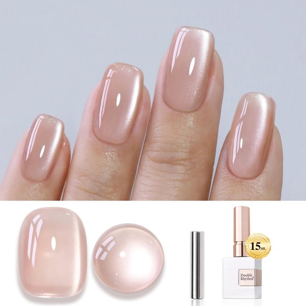 Double Rhythm Jelly Glass Cat Eye Gel Polish with Magnet 15ML Holographic Glitter Shimmer Translucent Sheer Color Magnetic Nail Polish Salon DIY at Home (Jelly Glass Nude-MC1101)