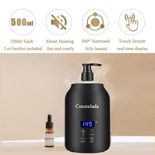 Constelada Massage Oil Warmer Professional Lotion Warmer Dispenser Heated for Massage Therapy Lube Warmer Gel Warmer Cream Warmer Dispenser Heater 2 Bottles Included for Home Beauty Spa Salon (Black)