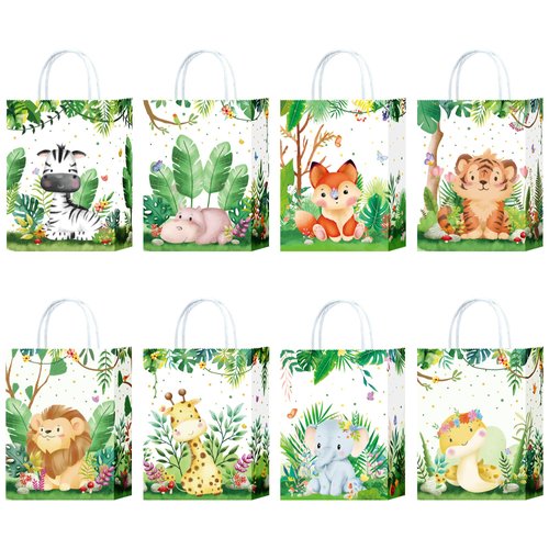 24Pieces Safari Goodie Bags Jungle Animals Party Favor Bags with Handles Zoo Animals Print Candy Bags Woodland Present Bags for Birthday Jungle Themed Party Supplies