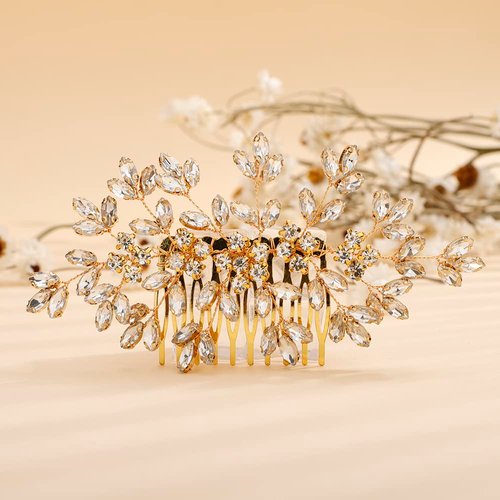 Teyglen Bridal Wedding Hair Combs Gold Full Rhinestones Crystal Side Hair Comb Flower Crystal Headpieces Bride Hair Accessories for Women Girls (Gold)