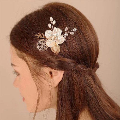 CASOLVX Bridal Small hair comb Crystal Hollow Leaf flower side comb suitable for brides bridesmaids and flower girls with wedding or Children's party 2PCS (Gold)