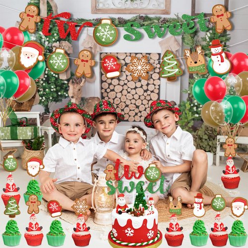 Christmas Gingerbread Man 2nd Birthday Party Decor, Christmas Santa Claus Candy Xmas Ball Two Sweet Banner Snowman Elk Cake Topper Snowflake Latex Balloons for Christmas Second Birthday Party Supplies