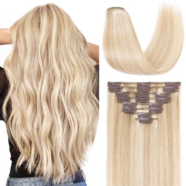 TESSHAIR Clip in Hair Extensions Real Human Hair 12 Inch Human Hair Clip in Extensions Blonde & Bleach Blonde Hair Extensions Clip ins Double Weft 100% Real Human Hair Extensions 8 PCS 55g #18P613
