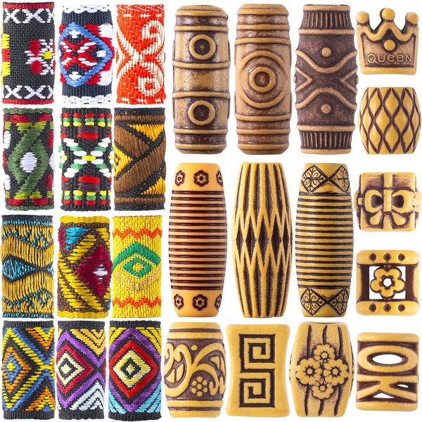 HINZIC 54 PCS Hair Jewelry Braids Fabric Dreadlock Beads Vintage Locks Hair Clips African Tube Beads Simulation Wood Dreadlock Accessories for Halloween Costume Christmas Women Men