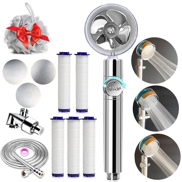Hydro Jet Shower Head Upgrade High Pressure Turbocharged Shower Head Handheld Turbo Fan Shower Kit with Replacement Hose/Bracket/Cotton Filters and Bath Loofah, 3 Water Panels for Different Experience