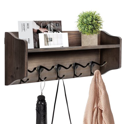 Coat Hooks with Shelf Wall-Mounted, Rustic Wood Entryway Shelf with 5 Vintage Metal Hooks, Farmhouse Mounted Coat Rack and Upper Shelf for Storage, Perfect for Your Entryway, Kitchen, Bathroom