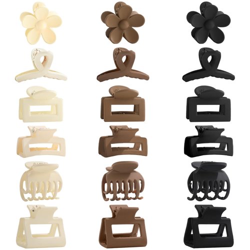 Drnytunk 18Pcs Medium Claw Hair Clips for Women Girls,Matte Love,Triangle,Ribbon and Semicircle Small Claw Clips for Thin/Medium Thick Hair Cute Hair Accessories Nonslip Clips (White,Brown,Black)