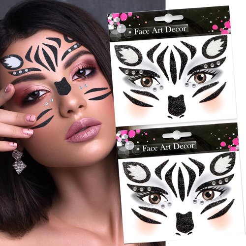 Zebra Temporary Face Tattoo Sticker Set for Kids Women,Halloween Body Paint Makeup Animal Tattoo Stickers on Face Eye Forehead Body for Halloween Cosplay Stage Masquerade Party Decor-2Pcs