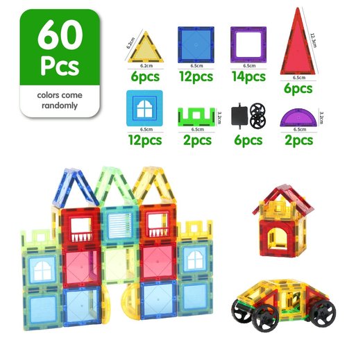 Magnetic Tiles 60pcs Kids Toys Montessori Sensory Toy for Toddlers STEM Learning Building Blocks for All Ages, Learning Toy for Construction, for Boys and Girls from 3plus Age