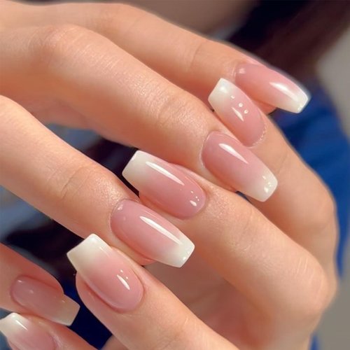 Medium Press on Nails Square with Pink and White Gradient Fake Nails Design Full Cover Stick on Nails Glossy Artificial False Nails with Glue on Nails for Women 24PS