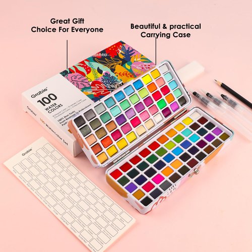 Grabie Watercolor Paint Set, 100 Colors Painting with Water Brush Pens and Drawing Pencil, Great for Kids and Adults, Art Supplies, Perfect Starter Kit for Painting