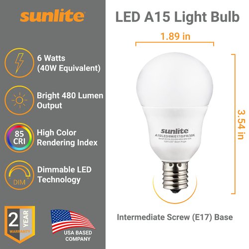 Sunlite A15 E17 LED Bulb, Intermediate Base Light Bulbs, 6 Watts (40W Equivalent), 480 Lumens, Dimmable, for Ceiling Fan and, Lighting Fixtures, Frosted Finish, ETL Listed, 6 Count, 3000K Warm White