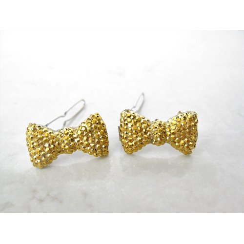 Two small tiny sparkle gold bow crystal hair pin clip barrettes fine hair