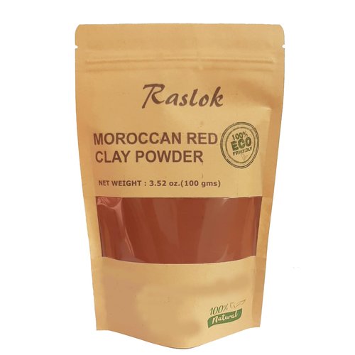 Raslok Moroccan Red Clay Powder 100g | 3.52 oz. | Suitable for Face Mask, Scrub,Soaps,Bath Bombs, Body Wraps | Very Fine Powder | No Additives | Detoxifies, Removes impurities