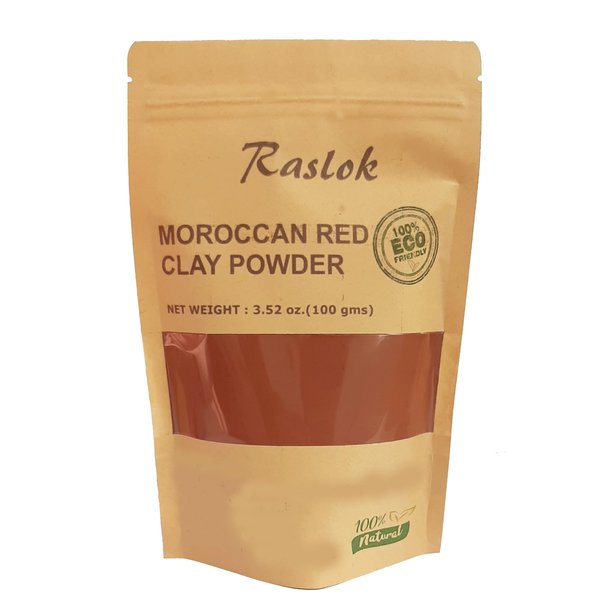Raslok Moroccan Red Clay Powder 100g | 3.52 oz. | Suitable for Face Mask, Scrub,Soaps,Bath Bombs, Body Wraps | Very Fine Powder | No Additives | Detoxifies, Removes impurities