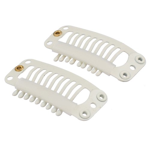 SWACC 100 Pcs U Shape Metailic Snap Clips ins for Hair Extension Hairpiece DIY Snap-Comb Wig Clips with Rubber (White Beige, 9-Teeth 6 Holes)