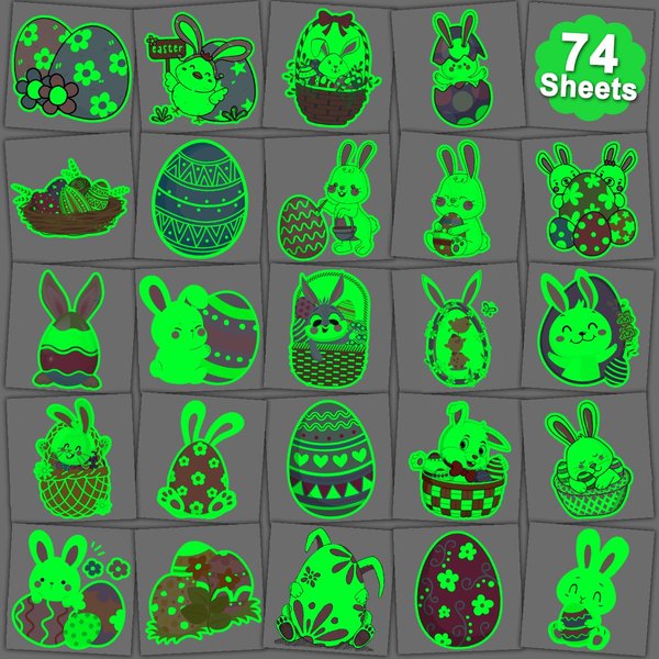 CHARLENT Glow in The Dark Easter Temporary Tattoos for Kids - 74 Individually Sheets Luminous Easter Egg Bunny Tattoos for Boys Girls Party Favors Goodie Bag Fillers