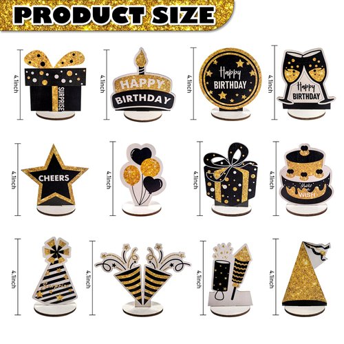 Happy Birthday Table Decorations & Centerpieces - 12-Piece Black & Gold Wooden Glitter Party Decor Set | Elegant & Reusable Birthday Supplies for Men, Women & Kids