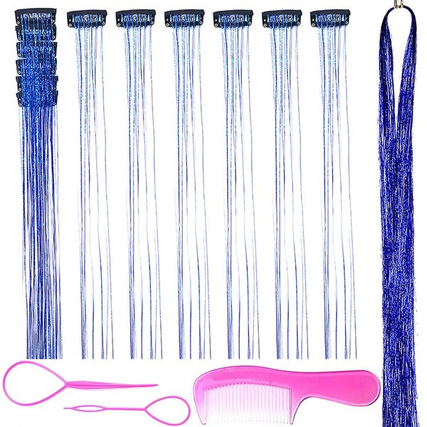 Clip in Hair Tinsel Kit 20Inch Glitter Tinsel Hair Extension 6Pcs Rainbow Fairy Hair Tinsel Kit for Christmas New Year Halloween Party Sparkly Hair Accessories for Women Girls (Royal blue)