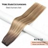 Fish Wire Hair Extensions Real Human Hair Brown to Ash Brown and Light Blonde 100g Ombre Color Hair 20 Inch Natural Straight Fish Line Wire Hair Extensions with Invisible Line Hairpiece #3/8/22