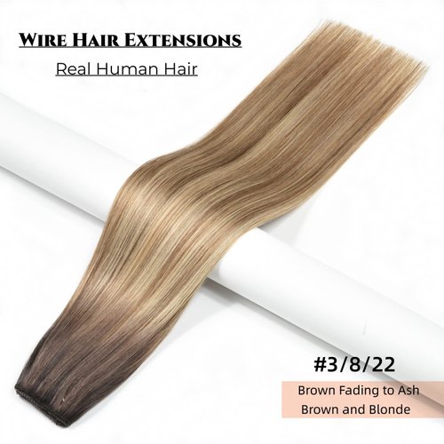 Fish Wire Hair Extensions Real Human Hair Brown to Ash Brown and Light Blonde 100g Ombre Color Hair 20 Inch Natural Straight Fish Line Wire Hair Extensions with Invisible Line Hairpiece #3/8/22