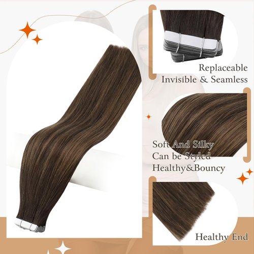 Full Shine Tape in Hair Extensions Rooted Tape in Extensions Real Human Hair 18 Inch Glue in Hair Extensions Ombre Balayage Brown Seamless Hair Extensions 20 Pcs Color 2/8/2 50 Gram