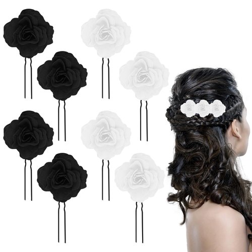 8 PCS Black Rose Flower Hair Clips U Shape Rose Floral Bobby Pins,Vintage Rose Hair Accessories for Women Girls Party Beach Wedding (Black + White)
