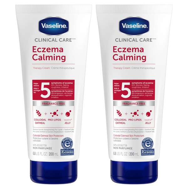 Vaseline Eczema Calming Hand & Body Cream Lotion for Dry Skin - Unscented Clinical Care Cream Body Lotion with Colloidal Oatmeal Skin Protectant, Pro-Lipids Jelly, 6.8 Oz Ea (Pack of 2)