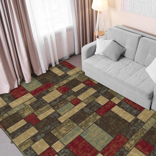 Machine Washable Boxes Design Non-Slip Rubberback 5x7 Traditional Area Rug for Living Room, Bedroom, Kitchen, Dining Room, 5' x 6'6", Multicolor