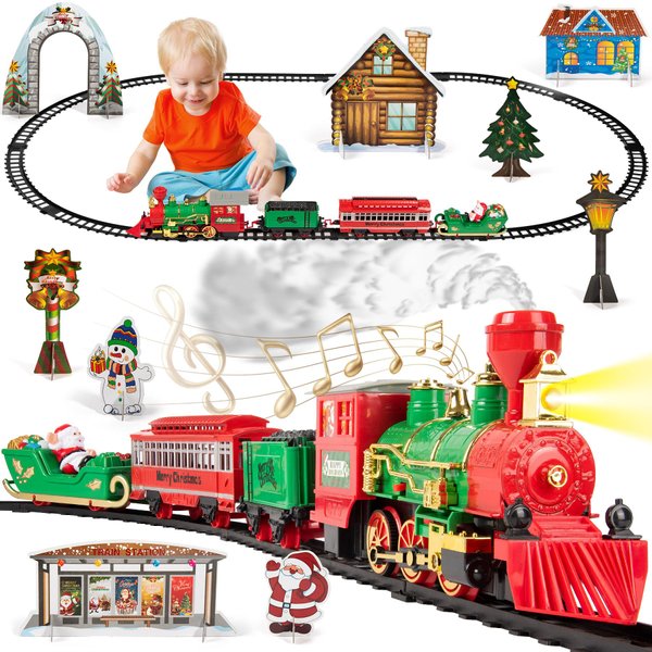 Christmas Train Set for Kids, Train Set with Sound, Lights, and Smoke Effects, with Decorative Christmas Card, Fun Train Toys for Toddlers 3 4 5 6 Years, Green