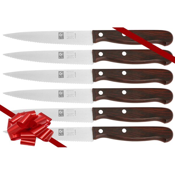 Steak Knives Set of 6 – Serrated Steak Knives with Pointed Tip – Serrated Knife Set with High Carbon Steel Blade and Rosewood Handle – Kitchen Knives for Party, Restaurant, Dinner. Icel