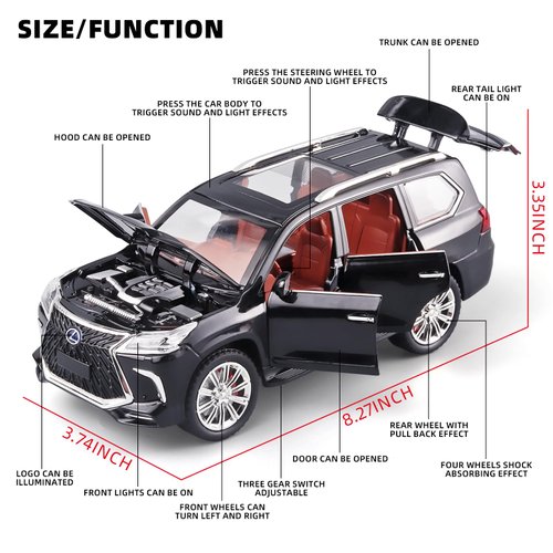 OANMYJJO Toy Cars Lexus 570 Boys Big Off-Road SUV Model Car，1/24 Diecast Metal Car Toys ，with Lights Sound and Pull Back Toy Car，Toy Cars for Boys Age 4-7（Black）