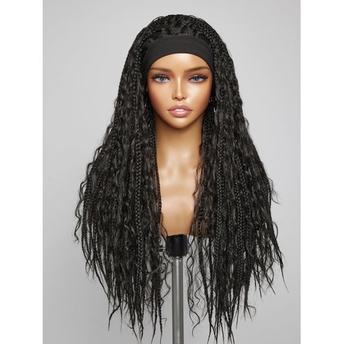 GORGIUS Goddess Braided Headband Wig with Curly Hair Black Synthetic Box Braid Wig with Head Band Attached Knotless Ready to Go Glueless Braiding Hair Wig For Women