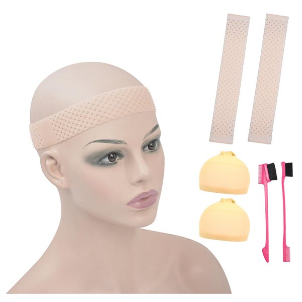 YTBYT 2 Pcs Breathable Silicone Wig Band Non Slip Elastic Silicone Wig Grip Headbands with Stocking Wig Caps Hairbrush for Fixed Wig (Pink)
