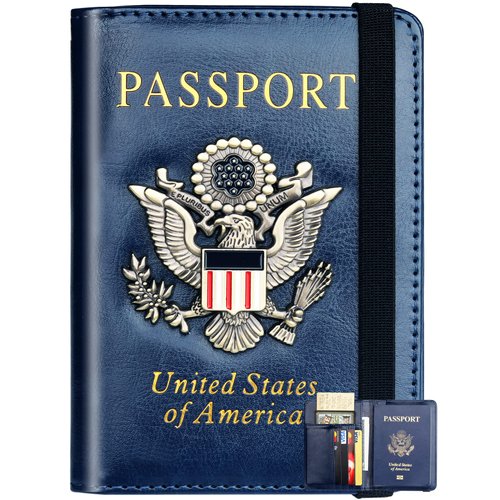 Passport Holder Wallet Cover for Men Women Family, Metal US Badge Passport Case Passport Book Holers with RFID Blocking, Travel Essentials Cruise Accessories Must Haves