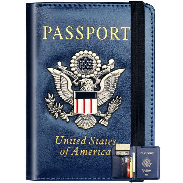 Passport Holder Wallet Cover for Men Women Family, Metal US Badge Passport Case Passport Book Holers with RFID Blocking, Travel Essentials Cruise Accessories Must Haves