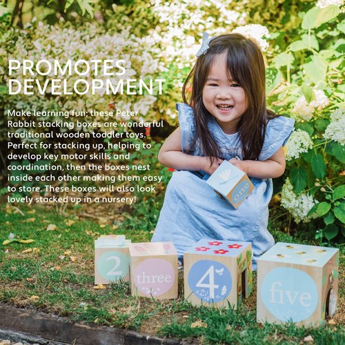 Orange Tree Toys Peter Rabbit: Wooden Stacking Cubes - 5 Numbered Stacking Cubes & 5 Beatrix Potter Character Figures, Stack & Play, Licensed, Toddler & Kids Age 18mo+